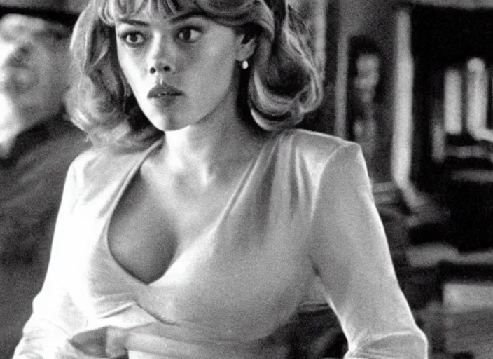 Image similar to movie still of scarlett johannson with a very big bust in goodfellas, directed by martin scorsese