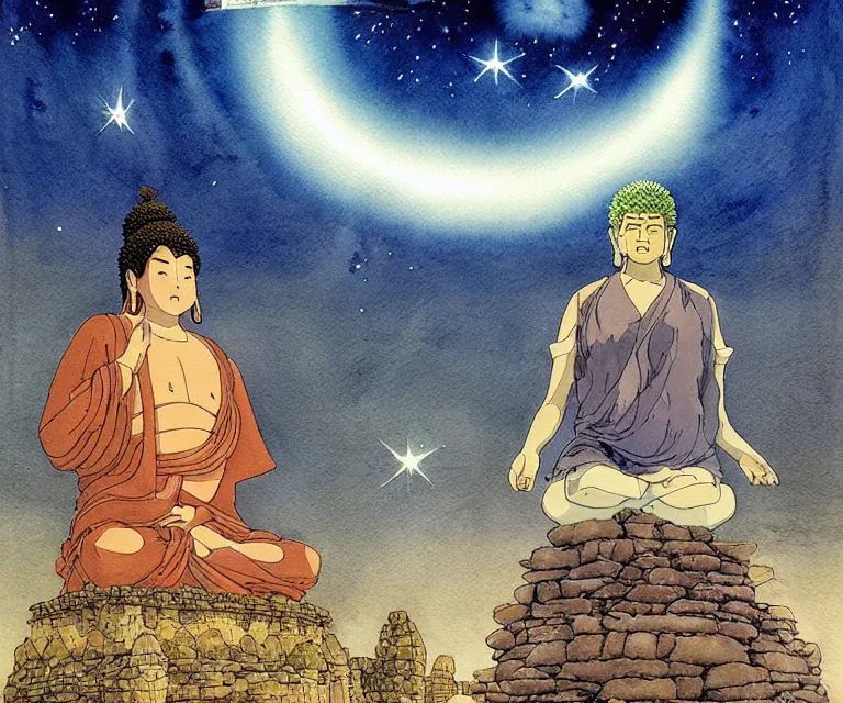 Prompt: a hyperrealist studio ghibli watercolor fantasy concept art of a giant long haired buddha in lotus position in stonehenge with a starry sky in the background. a giant ufo from independence day ( 1 9 9 6 ) is floating in the air. by rebecca guay, michael kaluta, charles vess