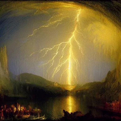 Image similar to river of lightning beneath a full moon, thomas cole, j.m.w. turner, howard hawks