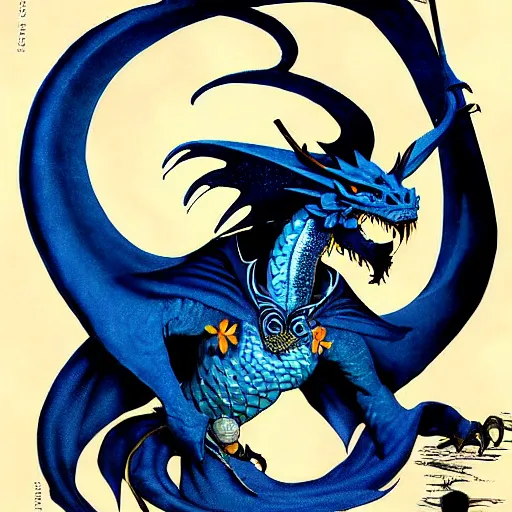 Prompt: half length portrait of a medieval d & d fantasy anthropomorphic blue dragon, comic book cover art by dave mckean