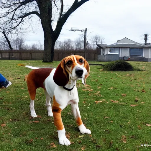 Prompt: photo of gigantic beagle hit the ground and people scaping, eagle view