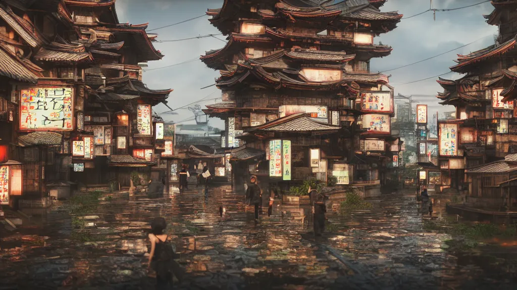 Prompt: immersed in oriental, japanese village with cyberpunk style,, octane render, fantasy, landscape, hyperrealistic, highly detailed, 4 k hd