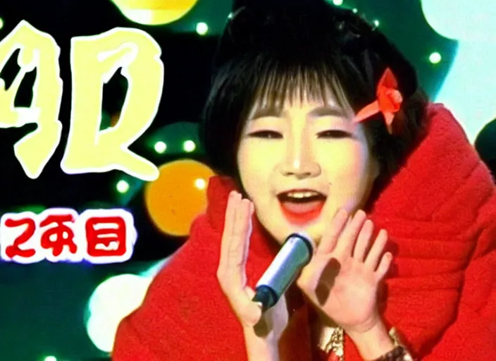 Prompt: Japanese funny TV show in 90's. VHS footage. A cute woman singing on stage.