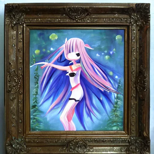 Image similar to oil painting of a long hair anime lady ELF dancing in the moonlight l Trending on Pixiv