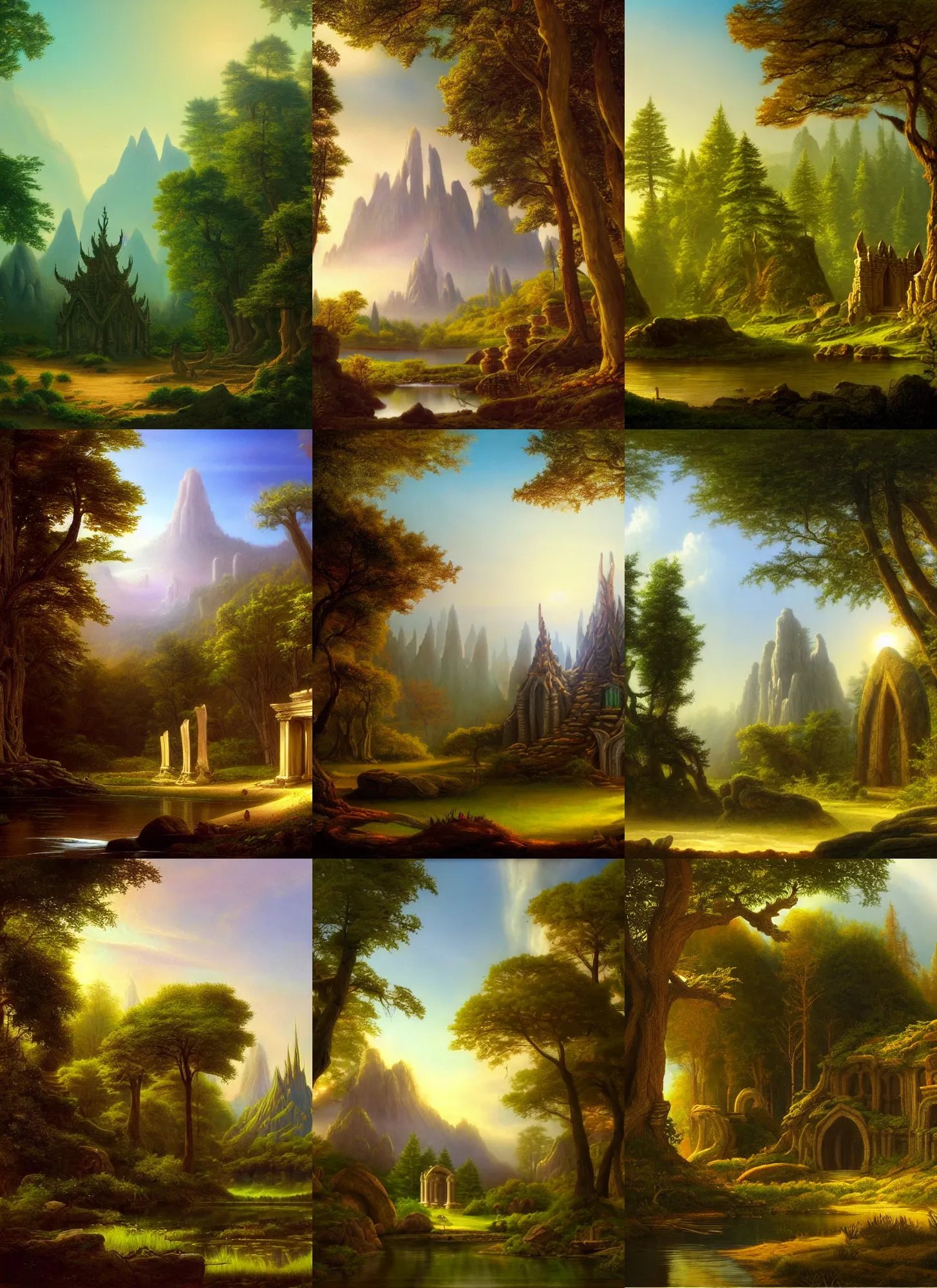 Prompt: fantasy landscape with elven temple in a forest, calm serene atmosphere, in the style of hudson river school