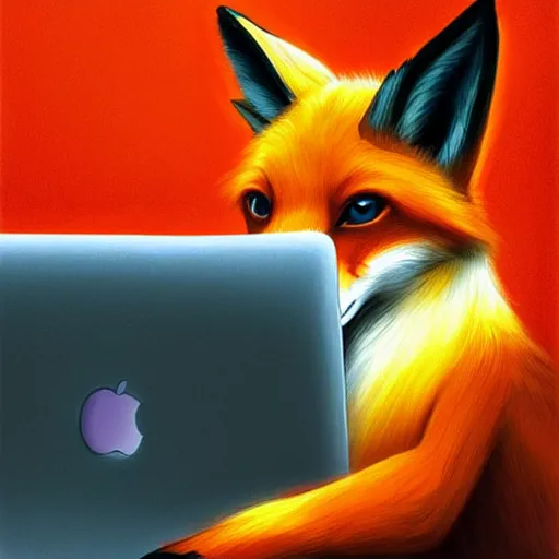 Image similar to portraite of a cute fox sitting in front of laptop, by artgerm, andrei riabovitchev, vivid colors, orange glow