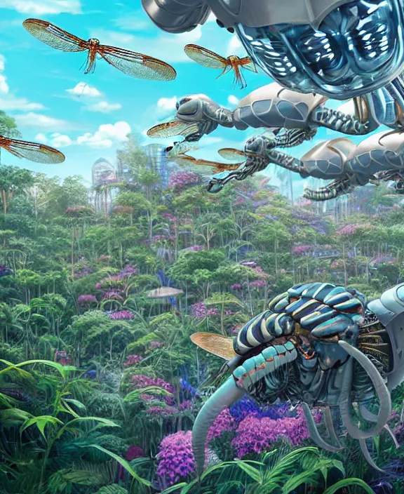 Image similar to an amusement park made out of seamless alien isopod dragonflies, in the style of an aerodynamic robot, overgrown with puffy orchids, partly cloudy, somber, dramatic lighting, by dan mumford, yusuke murata, makoto shinkai, ross tran, cinematic, unreal engine, cel shaded, featured on artstation, pixiv