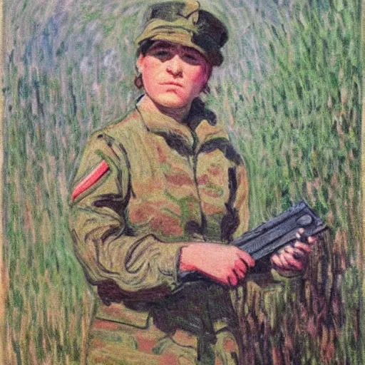 Image similar to a female soldier holding a a staple gun to her own head and looking depressed by monet