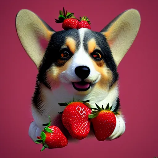 Prompt: corgi made of strawberry, corgi crossed with a strawberry : ornate, dynamic, particulate, intricate, elegant, highly detailed, centered, artstation, smooth, sharp focus, octane render