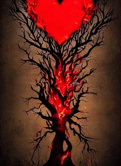 Image similar to dripping heart in fire ❤🔥 with roots growing above it, sadness, dark ambiance, concept by godfrey blow and banksy, featured on deviantart, sots art, lyco art, artwork, photoillustration, poster art, black and red