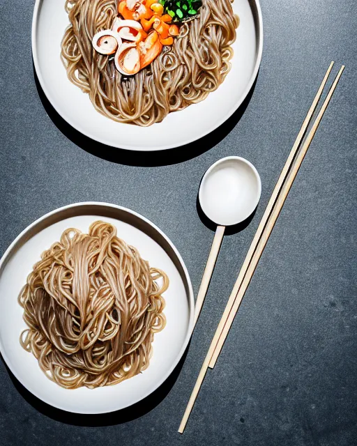 Prompt: realistic photo of delicious miso soba, bowl, glass, white kitchen table, cloth, marble, highly detailed, by louise lister, sara ali, mary devinat, kailee mandel, masterpiece, award winning, elegant, instagram, food photography