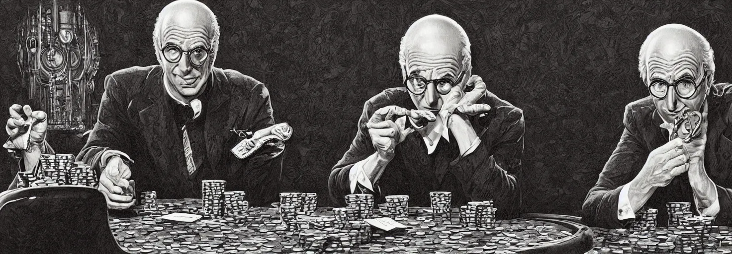 Prompt: portrait of larry david playing poker in the art style of virgil finlay, paul lehr, frank kelly freas, wayne barlowe, bob pepper, wally wood, moebius, h. r. giger, frank frazetta, richard m. powers. digital art, concept render.