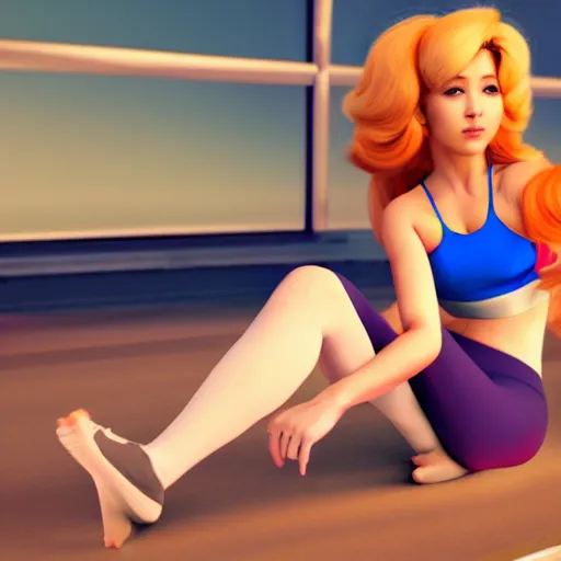 Prompt: live action extremely adorable princess peach in tight sports bra, and yoga pants. award winning photograph, trending on artstation, 4 k, emerald herald