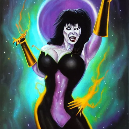 Prompt: Elvira as a cosmic super villain, dark oil painting by crypt keeper