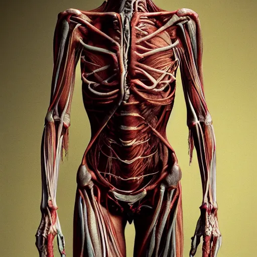 Prompt: female Human with translucent skin, visible muscles and veins and arteries and bones and spine and nerves, beautiful detailed intricate insanely detailed octane render, dark intricate filaments, 8K artistic photography, photorealistic, chiaroscuro, by David Cronenberg, Raphael, Caravaggio