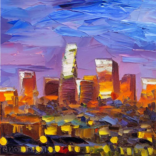 Prompt: palette knife oil painting of downtown los angeles at dusk