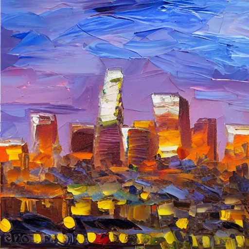 Image similar to palette knife oil painting of downtown los angeles at dusk