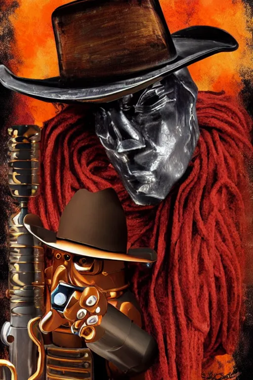 Prompt: metallic humanoid robot wearing a red poncho and a cowboy hat, smoking a cigar, pointing a colt revolver at the viewer, in the style of a spaghetti western movie poster