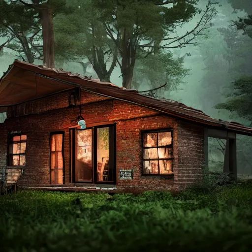 Prompt: A brick cabin in the woods, by kim jung gi, environment concept, digital art, unreal engine,trending on artstation, 4K UHD image, octane render