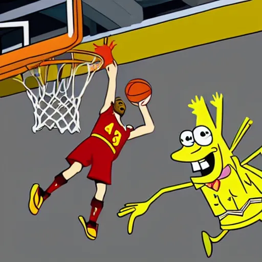Prompt: a photo of spongebob dunking on lebron james, 4k