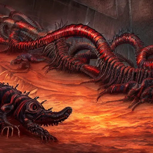 Image similar to Huge Demonic Centipede, Diplopodus the Terrible, Digital art, in the style of Doom Eternal and Lovecraft, 4k high detail,