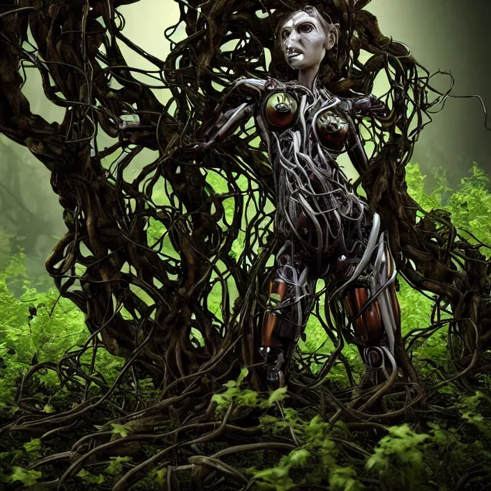 Prompt: female cyborg dryad standing, entwined by vines and roots, dark forest, surreal, light shining through, hyper - realistic, highly detailed, sharp focus, smooth, intricate, octane render