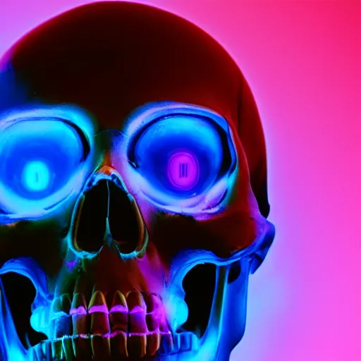 Prompt: cybernetic happy human scull with with , blue neon light and smoke and purple lighting