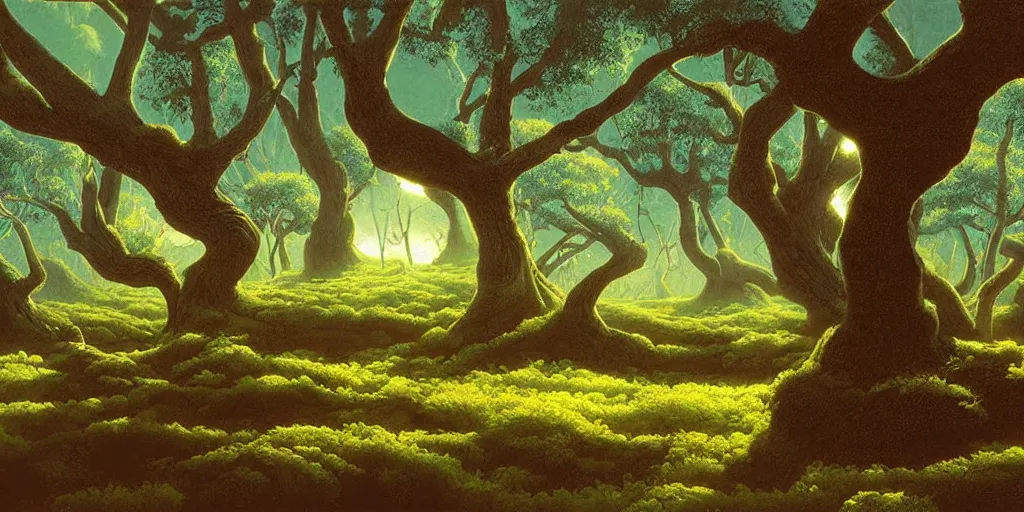 Image similar to Artwork by Tim White of the cinematic view of The Wood of Mirage, a Forest, with a mucid manor.