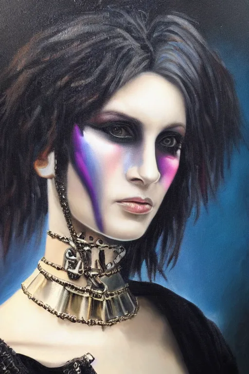 Image similar to hyperrealism oil painting, close - up portrait of punk gothic medieval brunette fashion model, knight, steel gradient mixed with nebula sky, in style of baroque