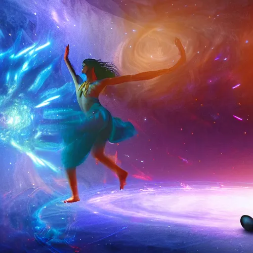 Image similar to Dreamt in 47.55s for !dream Epic wide angle portrait of Shiva generating the universe with his dance, digital painting, octane render