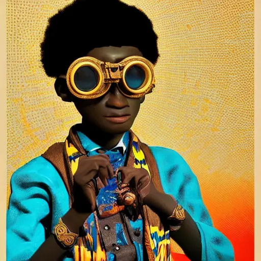 Prompt: colourful claymation upper half - portrait - art of a nigerian boy wearing steam punk goggles, art by utagawa kunisada & james jean, symmetrical, intricate detail, concept art, volumetric light, global illumination, ray tracing, claymation, sharp, pinterest, behance, art station,