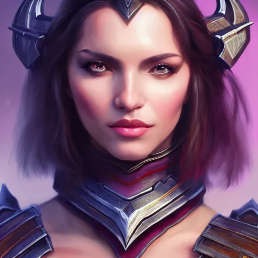 Prompt: a portrait of a very beautiful woman hunter in armor warcraft style armor. dark hair with stripes of pink, bored, illustration, soft lighting, soft details, painting oil on canvas by mark arian by artgerm, trending on artstation, 4k, 8k, HD - H 768