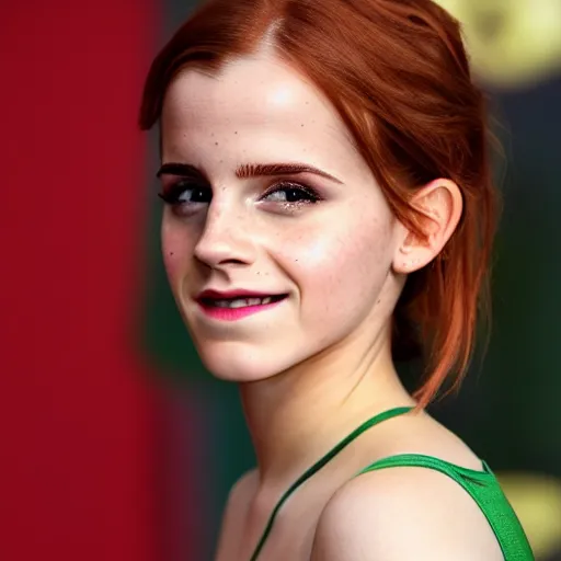 Prompt: redhead emma watson smiling, wearing green latex, close up portrait photo, 8 k,