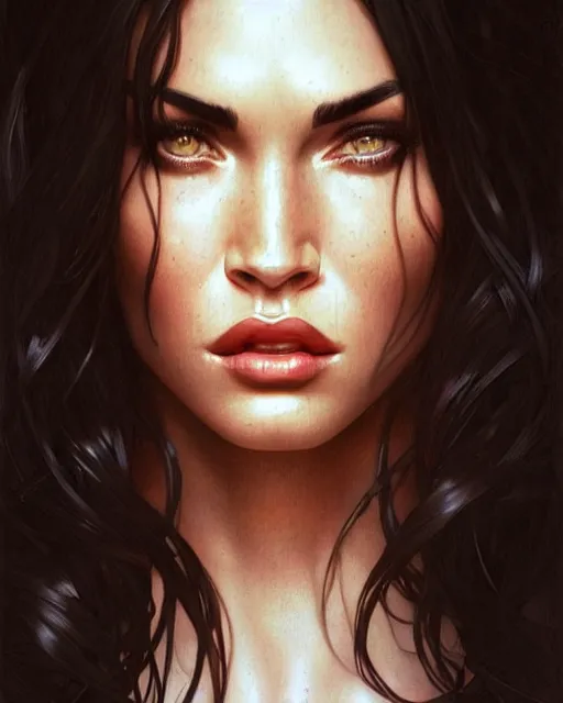 Image similar to portrait of megan fox with sultry face expression, glowing eyes, intricate, headshot, highly detailed, digital painting, artstation, concept art, sharp focus, cinematic lighting, illustration, art by artgerm and greg rutkowski, alphonse mucha, cgsociety