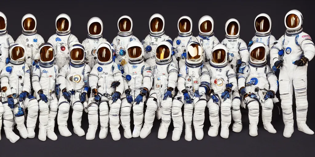 Prompt: Group photo of various animals in spacesuits before going to space. Highly detailed picture.