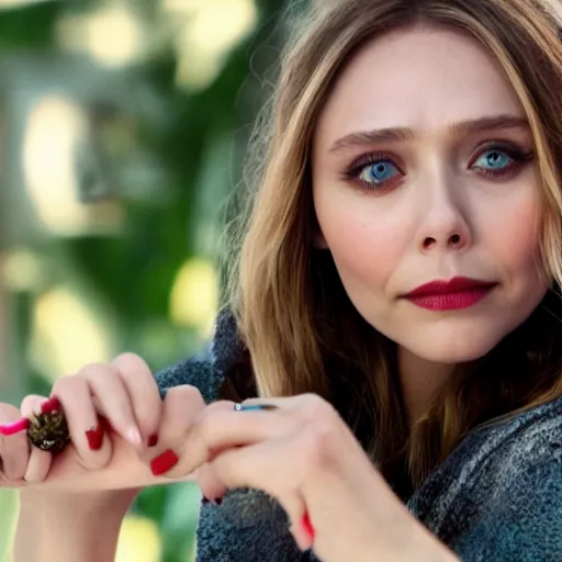 Image similar to Elizabeth Olsen holding a ring out saying 'No', photorealistic imagery, 4k, 8k