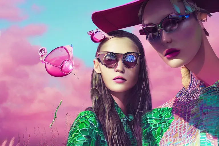 Prompt: close - up, one fashion model in sunglasses and another one model with hat and without sunglasses, pink clouds background, green snakes, hyper detailed, photo realistic, vouge style photo, drops of clean water, artwork by tooth wu and wlop and beeple and greg rutkowski