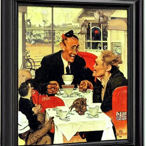Image similar to aliens having a cup of coffee on at cafe in paris by norman rockwell