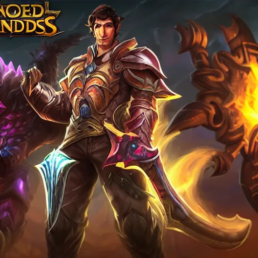Image similar to todd howard league of legends skin splash art, with a background based on the game league of legends, detailed face