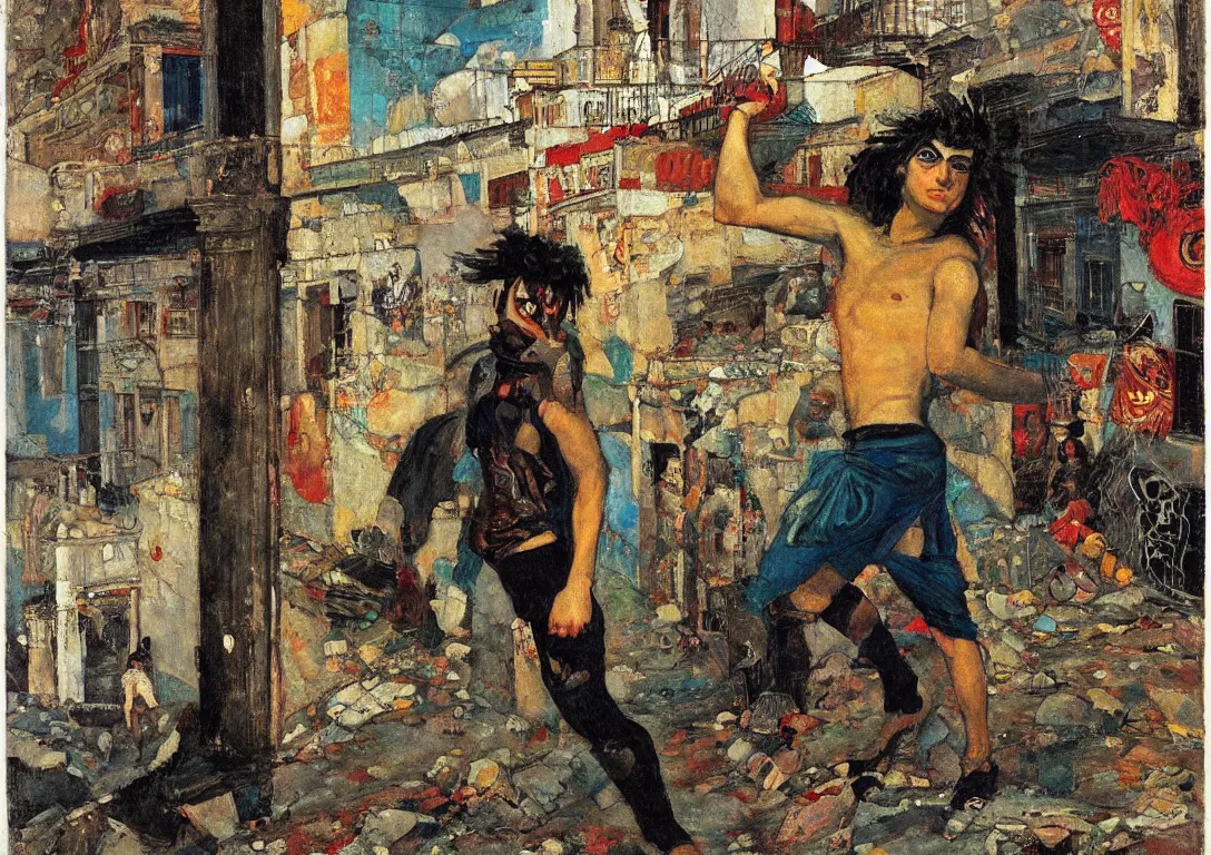 Prompt: a punk latino greek god searching through the streets of an abandoned city, sparse detail, saturated color scheme, by george luks, victor brauner and moebius