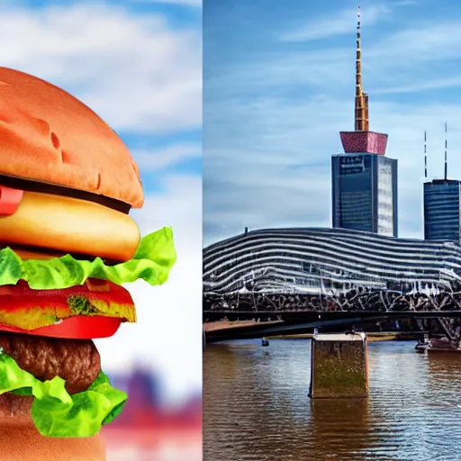 Image similar to Hamburger in Frankfurt and Frankfurter in Hamburg, hyper realistic, 8k, photo shot
