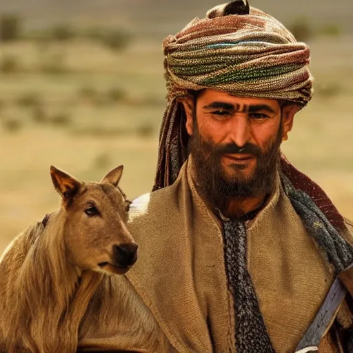 Image similar to Close up of a Kurdish shepherd wearing traditional Kurdish clothes in a movie directed by Christopher Nolan, movie still frame, promotional image, imax 70 mm footage