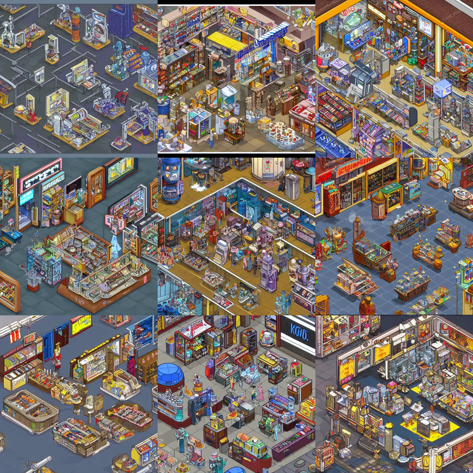 Prompt: detailed isometric view of a store that sells robots and robot parts, on a spaceship, from a lucasarts point and click 2 d graphic adventure game, art inspired by thomas kinkade