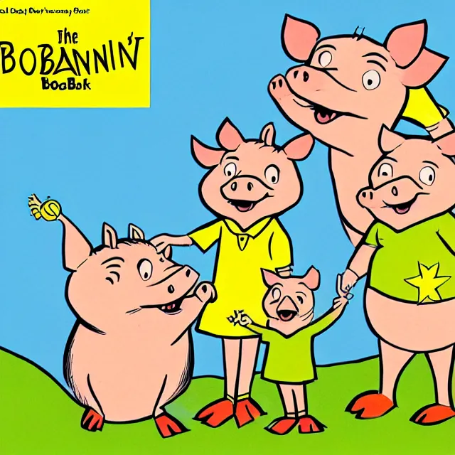 Image similar to children's book cover illustration for the boarenstain boars, cartoon boar family wearing clothing, in the style of stan and jan berenstain.