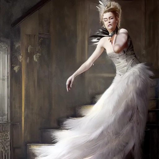 Image similar to hyperrealistic portrait of a woman as amber heard running down a staircase noir white swan dress wearing sapphire jewellery feather collar by jeremy mann and alphonse mucha, fantasy art, photo realistic, dynamic lighting, artstation, poster, volumetric lighting, very detailed faces, 4 k, award winning