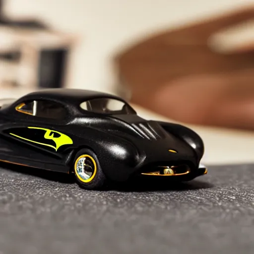 Image similar to 5 5 mm photo of metallic black batman car like hot wheels model with a batcave as background