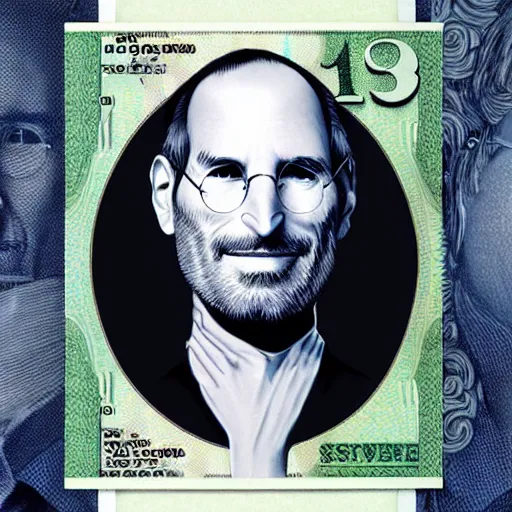 Image similar to banknote commemorating steve jobs, artstation.