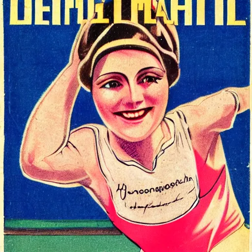 Prompt: a 1 9 2 8 cover of a german magazine. happy, healthy, beautiful, smiling, young, sporty, glowing woman in decent athletic wear. realistic detailed color drawing