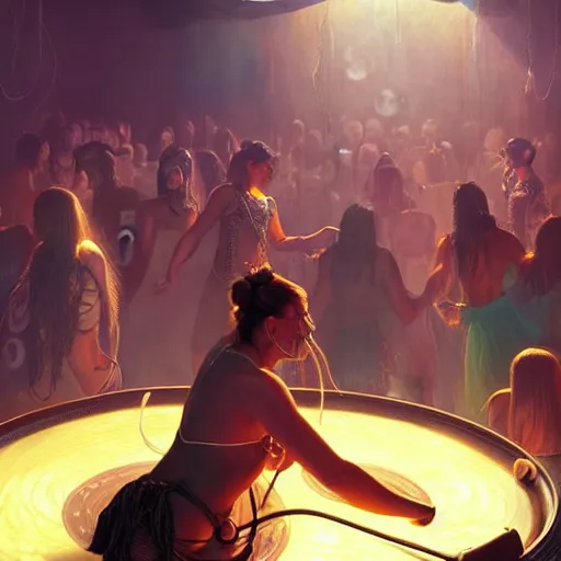 Image similar to a shaman dj in nightclub, people dancing in background, anatomy, bathed in light, highly detailed, photorealistic, artstation, smooth, sharp focus, illustration, unreal engine 5, 8 k, art by artgerm and greg rutkowski and edgar maxence