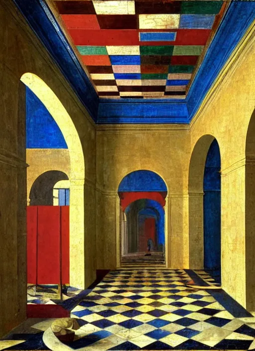 Prompt: renaissance painting of a room in central perspective marble checkered floor and bright colors, geometrically precise in the style of piero della francesca, primary colors, happy color palette